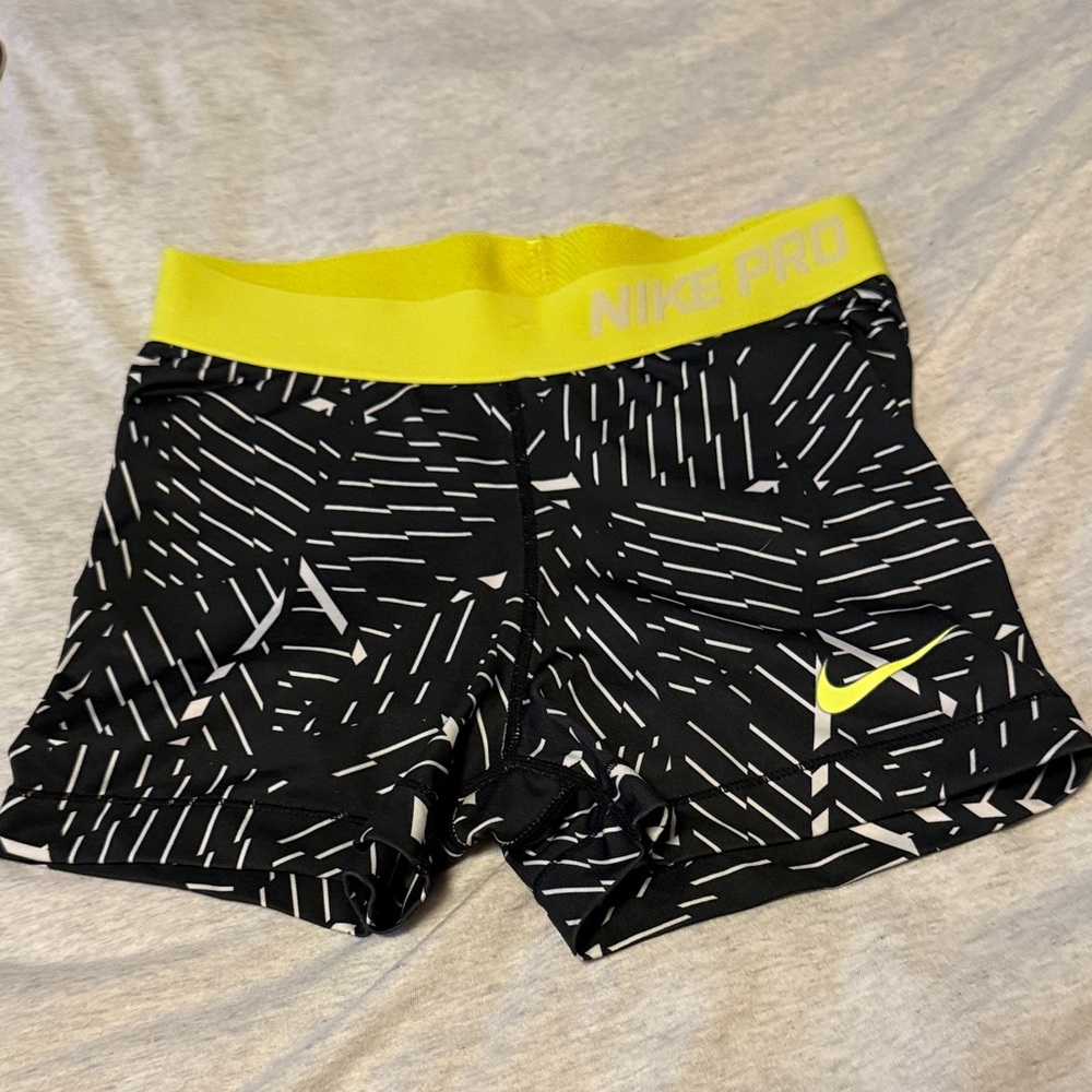 Nike Dry-Fit Pro Black and White Patterned Shorts with Yellow Waistband